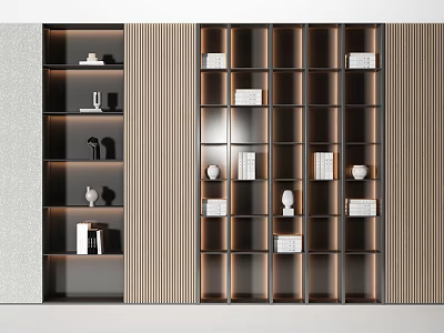 Modern Bookshelf Design With Multiple Compartments Books Decorative Items And Warm Lighting 3d model