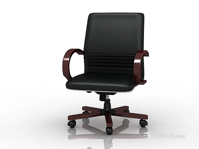 Ergonomic Black Leather Office Chair With Wooden Armrests And Swivel Wheels 3d model 