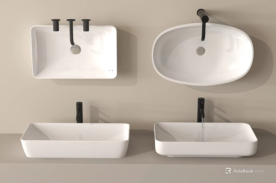 White Ceramic Washbasins Square Oval Shapes With Black Faucets Wall Mounted Countertop 3d model 