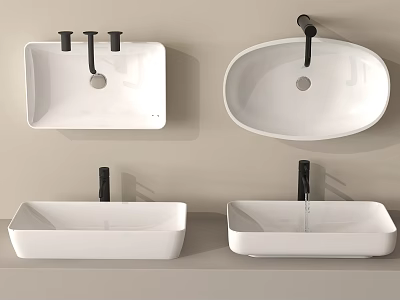 White Ceramic Washbasins Square Oval Shapes With Black Faucets Wall Mounted Countertop 3d model