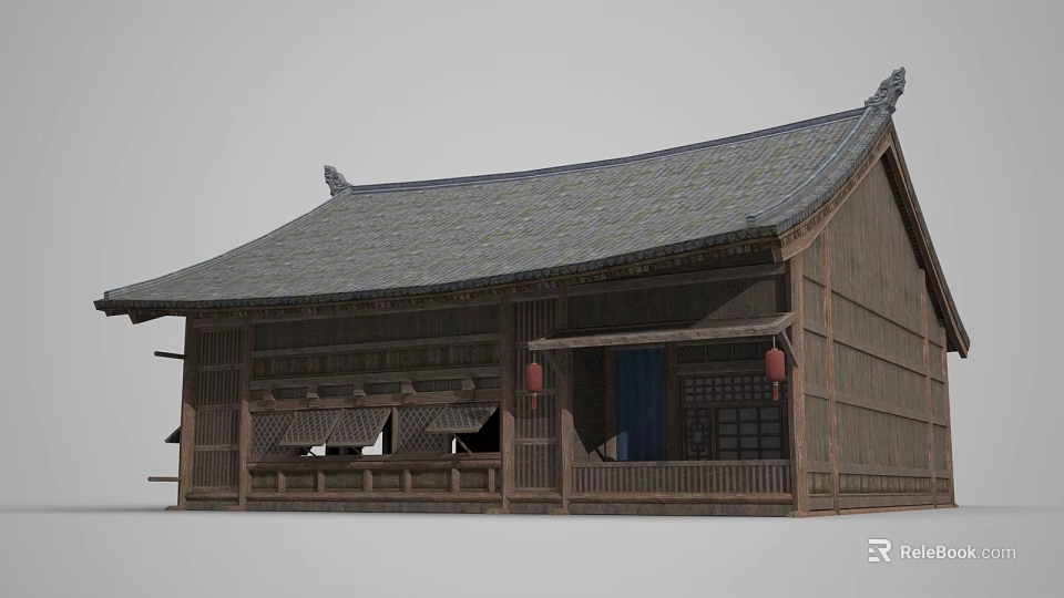 Ancient Chinese Architecture With Tiled Roof Wooden Structure Eave Ornaments And Red Lanterns 3d model 