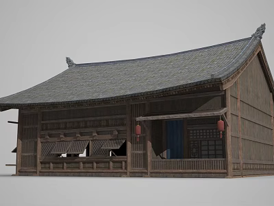 Ancient Chinese Architecture With Tiled Roof Wooden Structure Eave Ornaments And Red Lanterns 3d model