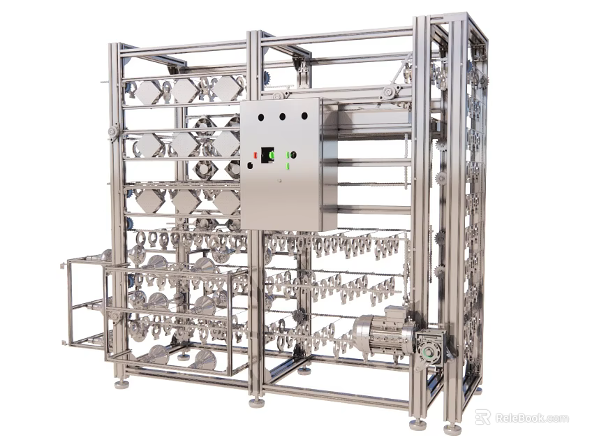 Stainless Steel Industrial Frame With Multiple Shelves And Control Panel 3d model