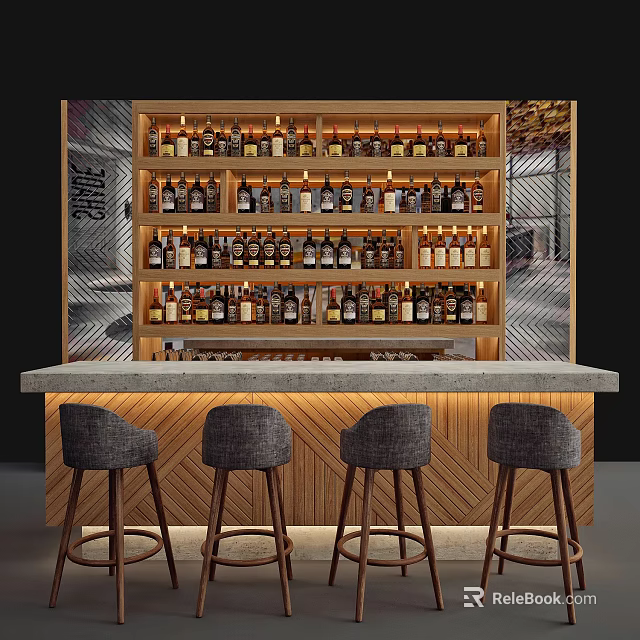 Modern Wine Cabinet With Bottled Wines Wooden Bar Counter Gray Stools And Patterned Background 3d model 