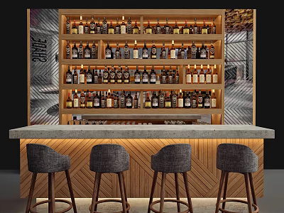 Modern Wine Cabinet With Bottled Wines Wooden Bar Counter Gray Stools And Patterned Background 3d model