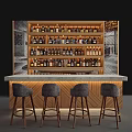 Modern Wine Cabinet With Bottled Wines Wooden Bar Counter Gray Stools And Patterned Background
