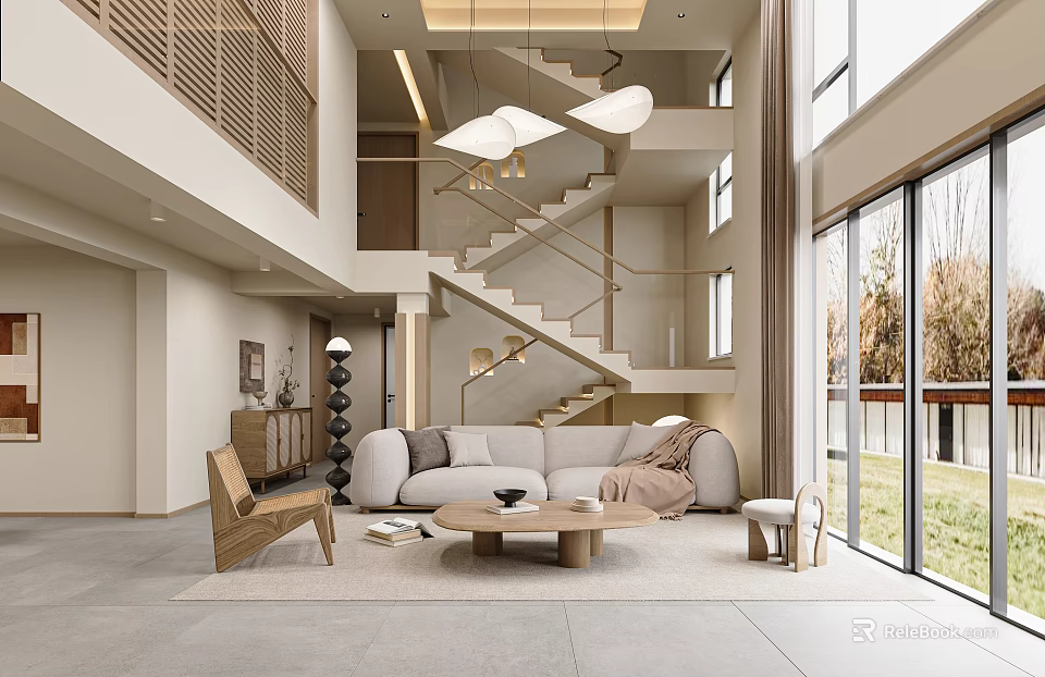 Minimalist Living Room With Light Colored Sofa Wooden Coffee Table Large Windows And Natural Light 3d model 