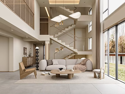 Minimalist Living Room With Light Colored Sofa Wooden Coffee Table Large Windows And Natural Light 3d model