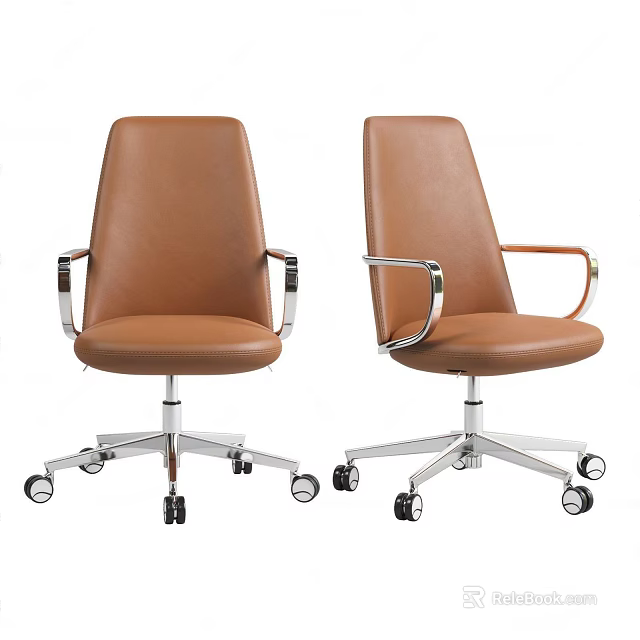 Brown Leather Office Chair with Metal Armrests and Swivel Wheeled Base 3d model 