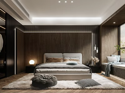 Modern Bedroom Interior With Wooden Walls Light Colored Headboard Fluffy Area Rug And Window Seat 3d model