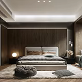 Modern Bedroom Interior With Wooden Walls Light Colored Headboard Fluffy Area Rug And Window Seat