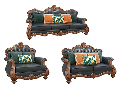 Classic Leather Sofa Set with Carved Wooden Details and Orange Green Geometric Cushions 3d model