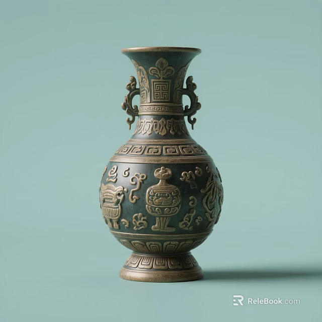 Traditional Ceramic Vase With Intricate Carvings And Decorative Handles On Green Background 3d model 