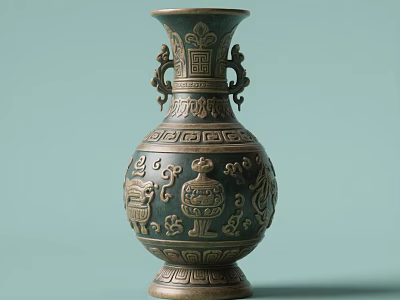 Traditional Ceramic Vase With Intricate Carvings And Decorative Handles On Green Background 3d model