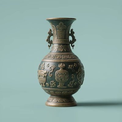 Traditional Ceramic Vase With Intricate Carvings And Decorative Handles On Green Background 3d model