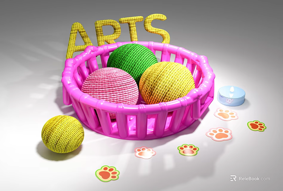Decorative Ornament Set with Pink Basket Colorful Woven Balls ARTS Letters and Paw Print Stickers 3d model 