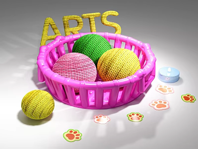 Decorative Ornament Set with Pink Basket Colorful Woven Balls ARTS Letters and Paw Print Stickers 3d model