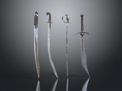 Historical Weapons Collection Featuring Swords With Curved And Straight Blades And Ornate Handles 3d model