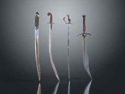 Historical Weapons Collection Featuring Swords With Curved And Straight Blades And Ornate Handles 3d model