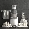 Modern Electric Juicer With Fresh Pineapple Oranges And Towel On Gray Background