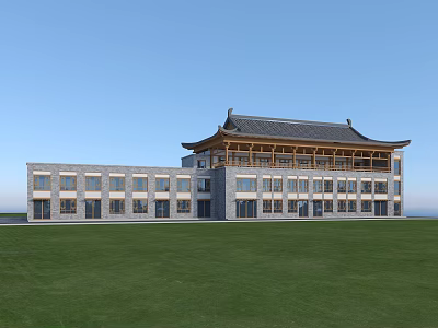 Traditional Chinese Style Building With Modern Design On Green Lawn Under Blue Sky 3d model