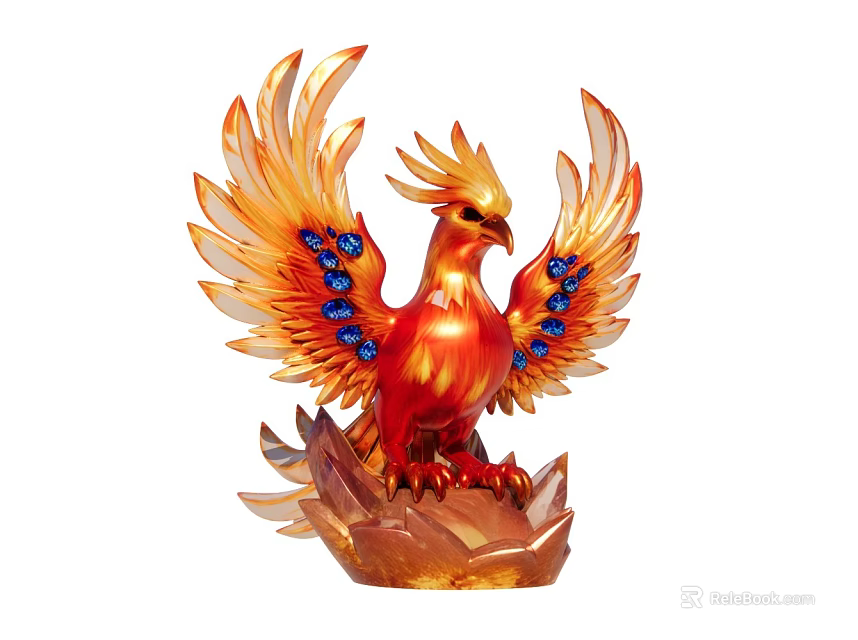 Golden Red Phoenix Statue With Blue Gemstones On Wings And Crystal Base 3d model 