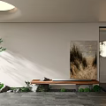 Public Chair In Modern Indoor Setting With Green Plants Stones Ceiling Light And Decorative Painting