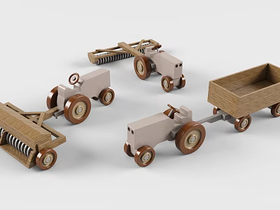 Wooden Electric Toy Tractors with Trailers and Wheels for Kids Play 3d model