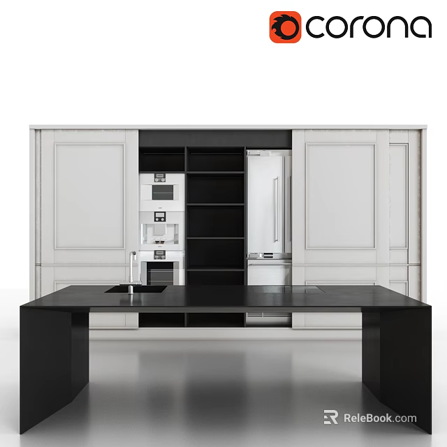 Modern Black Dining Table In Kitchen With White Cabinets And Black Shelves 3d model 