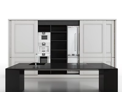Modern Black Dining Table In Kitchen With White Cabinets And Black Shelves 3d model