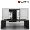 Modern Black Dining Table In Kitchen With White Cabinets And Black Shelves