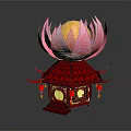 Cartoon Scene Featuring Red Traditional Pavilion With Pink Lotus Top And Hanging Lanterns