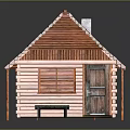 Rustic Log Cabin Exterior With Sloped Roof Small Chimney Porch Bench Wooden Door and Window