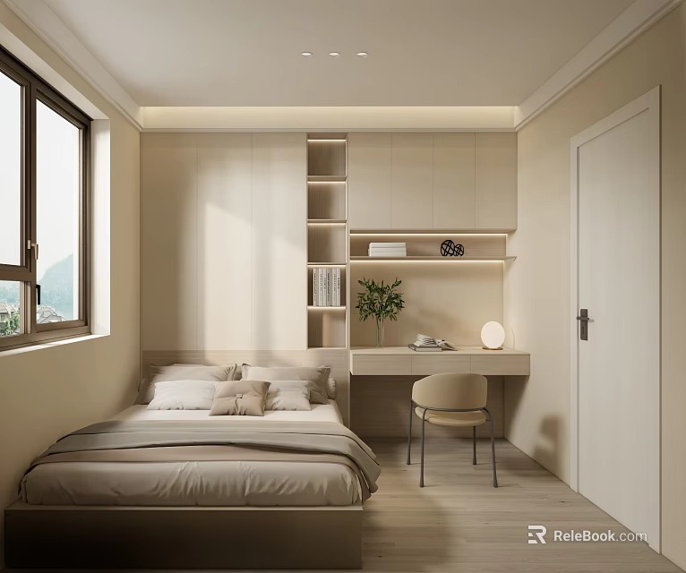 Modern Tatami Bedroom Interior With Beige Walls Desk Chair Bookshelf Plant And Soft Lighting 3d model 
