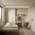Modern Tatami Bedroom Interior With Beige Walls Desk Chair Bookshelf Plant And Soft Lighting