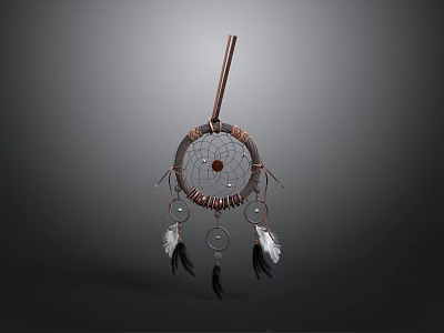 Traditional Handmade Dreamcatcher With Circular Web Brown Rope Frame And Feather Tassels 3d model