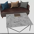 People Sitting On Brown Leather Sofa With Colorful Pillows And Marble Coffee Table
