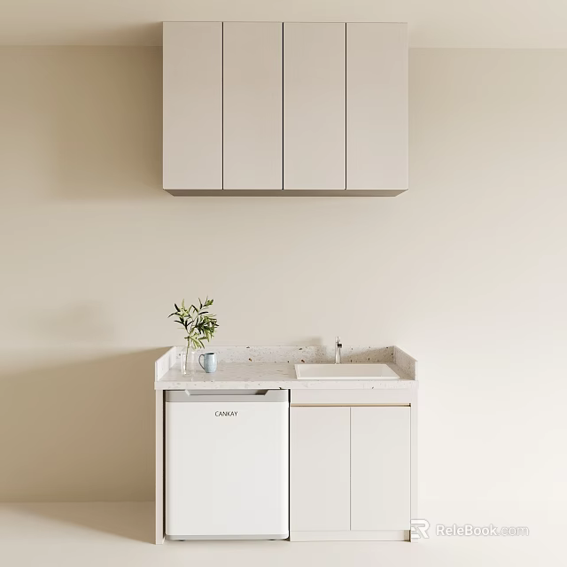 Modern White Bathroom Vanity Cabinet With Wall Mounted Storage And Green Plant On Countertop 3d model 