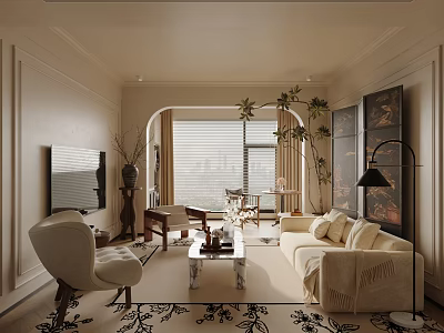 Neutral Tone Living Room Interior With Beige Sofa Coffee Table TV And Large Window 3d model