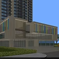Modern School Building With Colorful Striped Facade Large Glass Windows And Green Lawn