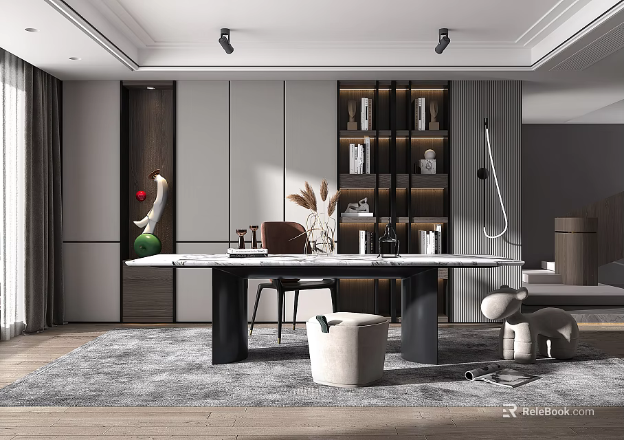 Modern Study Room Interior Design With Bookshelf Desk And Decorative Items 3d model