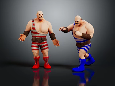 Two Muscular Wrestlers In Striped Outfits With Red And Blue Boots On Reflective Floor 3d model