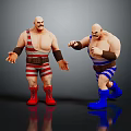 Two Muscular Wrestlers In Striped Outfits With Red And Blue Boots On Reflective Floor