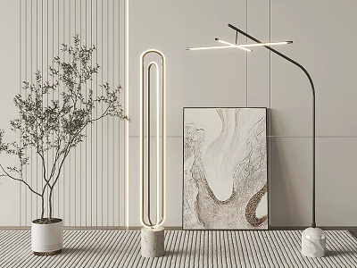 Modern Floor Lamp in Contemporary Interior with Olive Tree Decorative Painting and Striped Rug 3d model