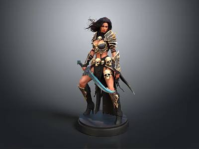 Fantasy Female Warrior Statue With Golden Armor And Dual Swords On Black Base 3d model