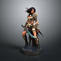 Fantasy Female Warrior Statue With Golden Armor And Dual Swords On Black Base