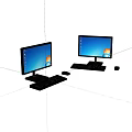 Two Desktop Computer Monitors With Blue Screens Keyboard And Mouse Setup 3d model