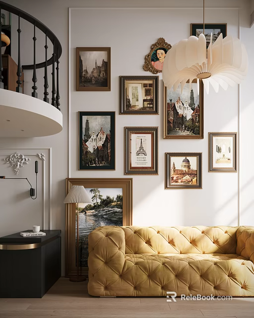 Cozy Living Room Decor With Yellow Sofa Framed Wall Art White Walls And Table Lamp 3d model 