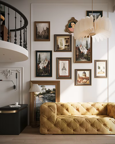 Cozy Living Room Decor With Yellow Sofa Framed Wall Art White Walls And Table Lamp 3d model