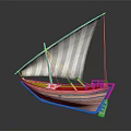 Vintage Sailing Boat with Striped Sail Colorful Hull Wooden Mast and Ropes